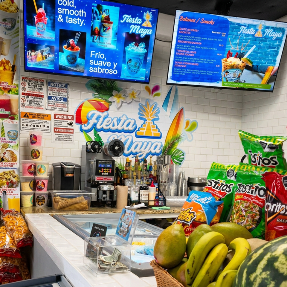 Fiesta Maya restaurant counter displaying fruit, chips, frozen treats, colorful menus, and branded tropical decor.