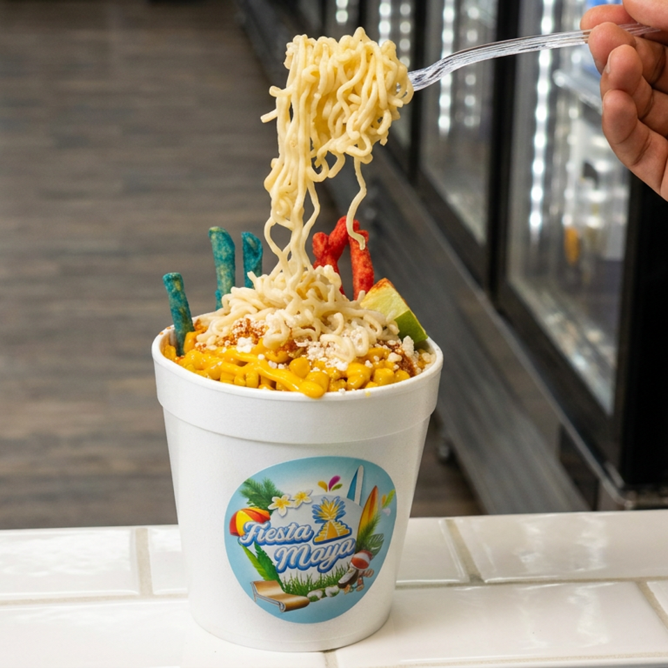 Cup of yellow corn topped with noodles and colorful snacks, while a hand lifts noodles with a fork.