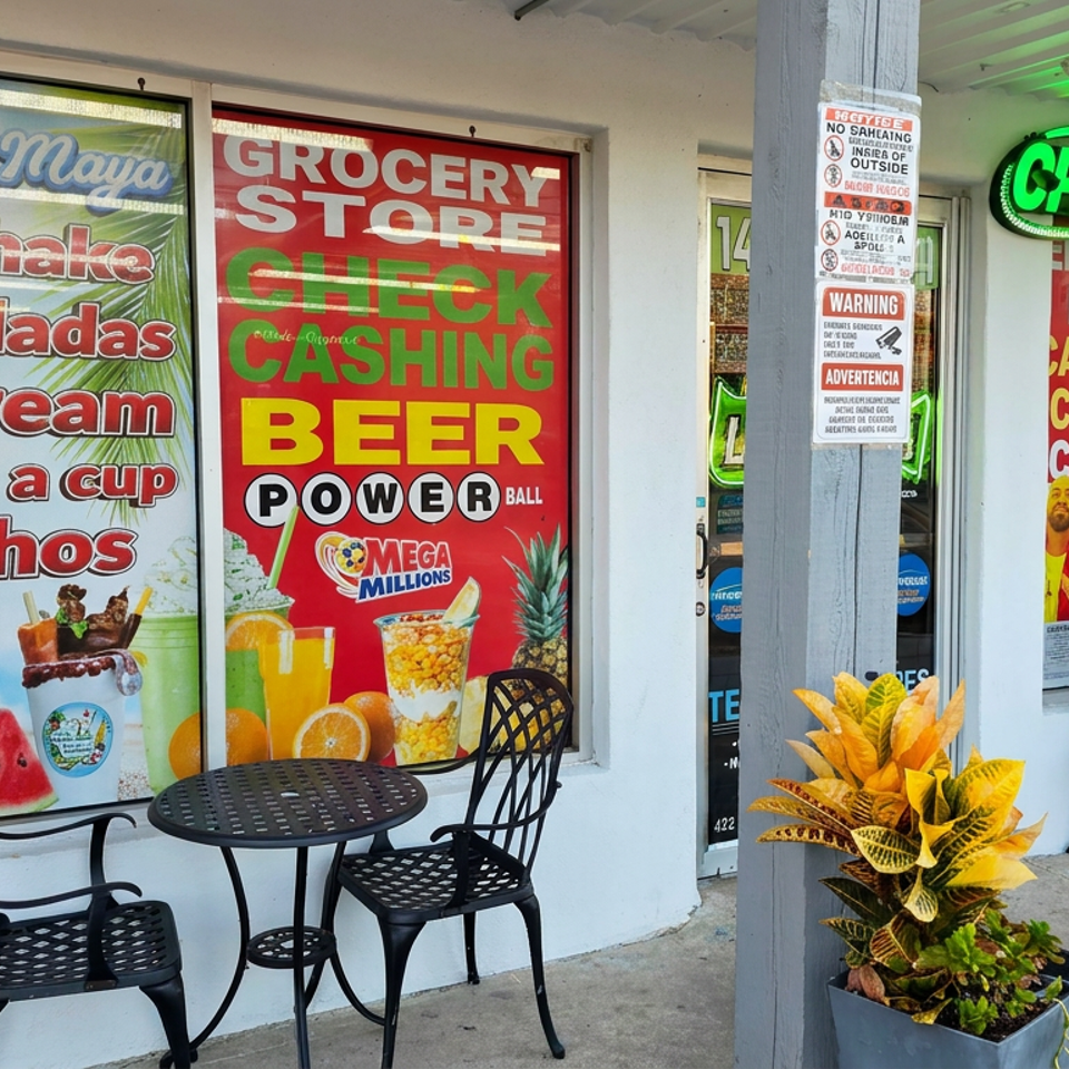 Convenience store entrance with colorful snack advertisements, money-transfer signs, outdoor black tables and chairs, and a potted plant.