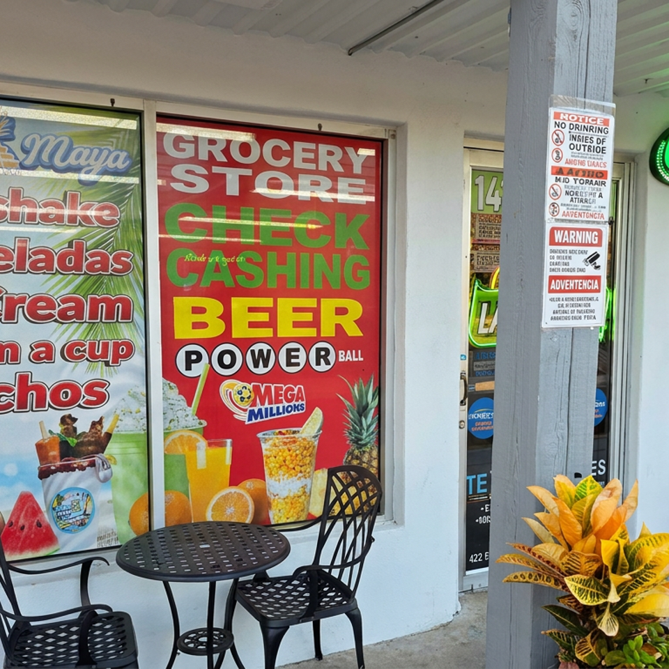 Colorful storefront displays advertise milkshakes, micheladas, ice cream, snacks, beer, money transfers, and outdoor café seating.