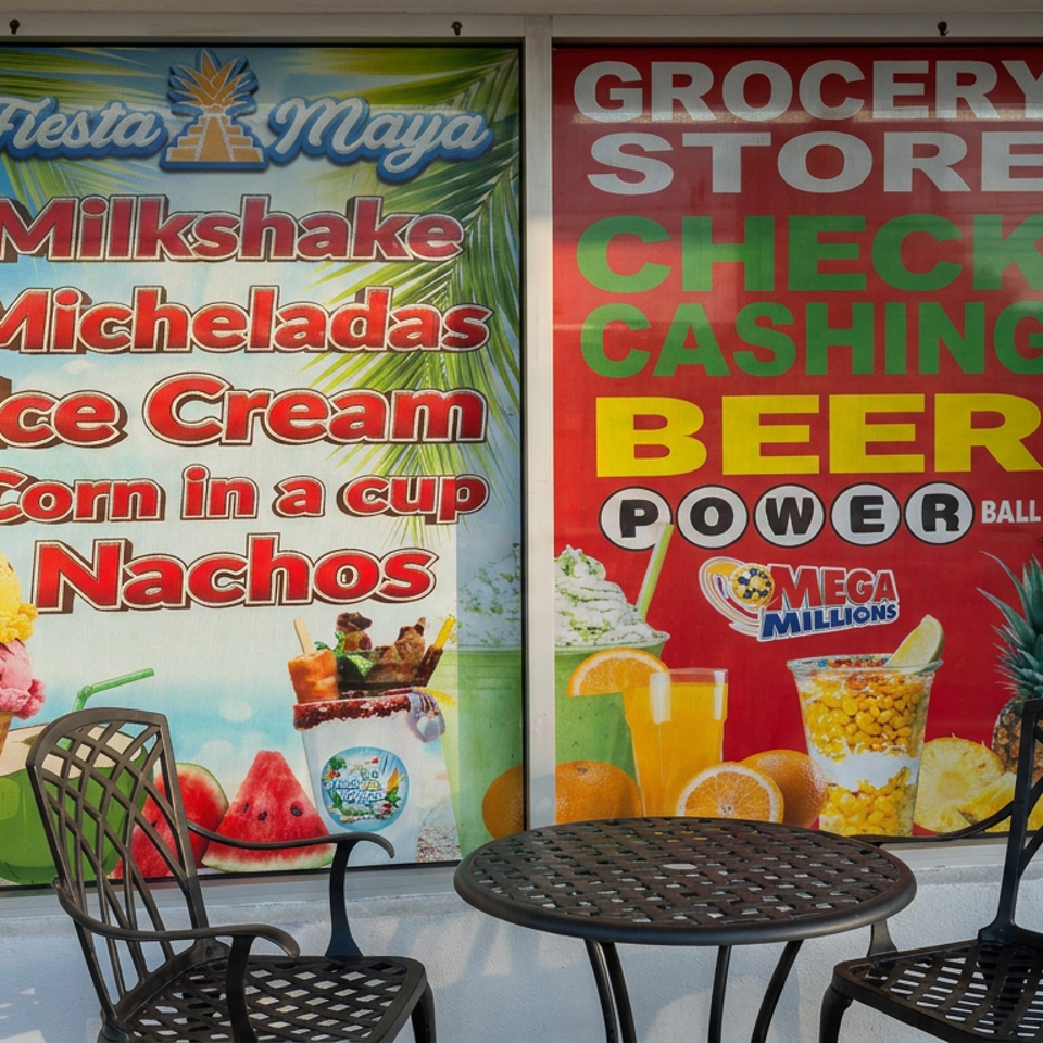 Outdoor café table and chairs sit before Fiesta Maya window posters advertising Mexican snacks, drinks, groceries, beer, and lottery services.