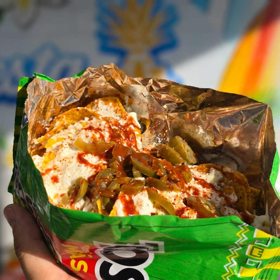 A hand holds a foil-wrapped stuffed food item topped with creamy sauce, red chili sauce, and sliced jalapeños.