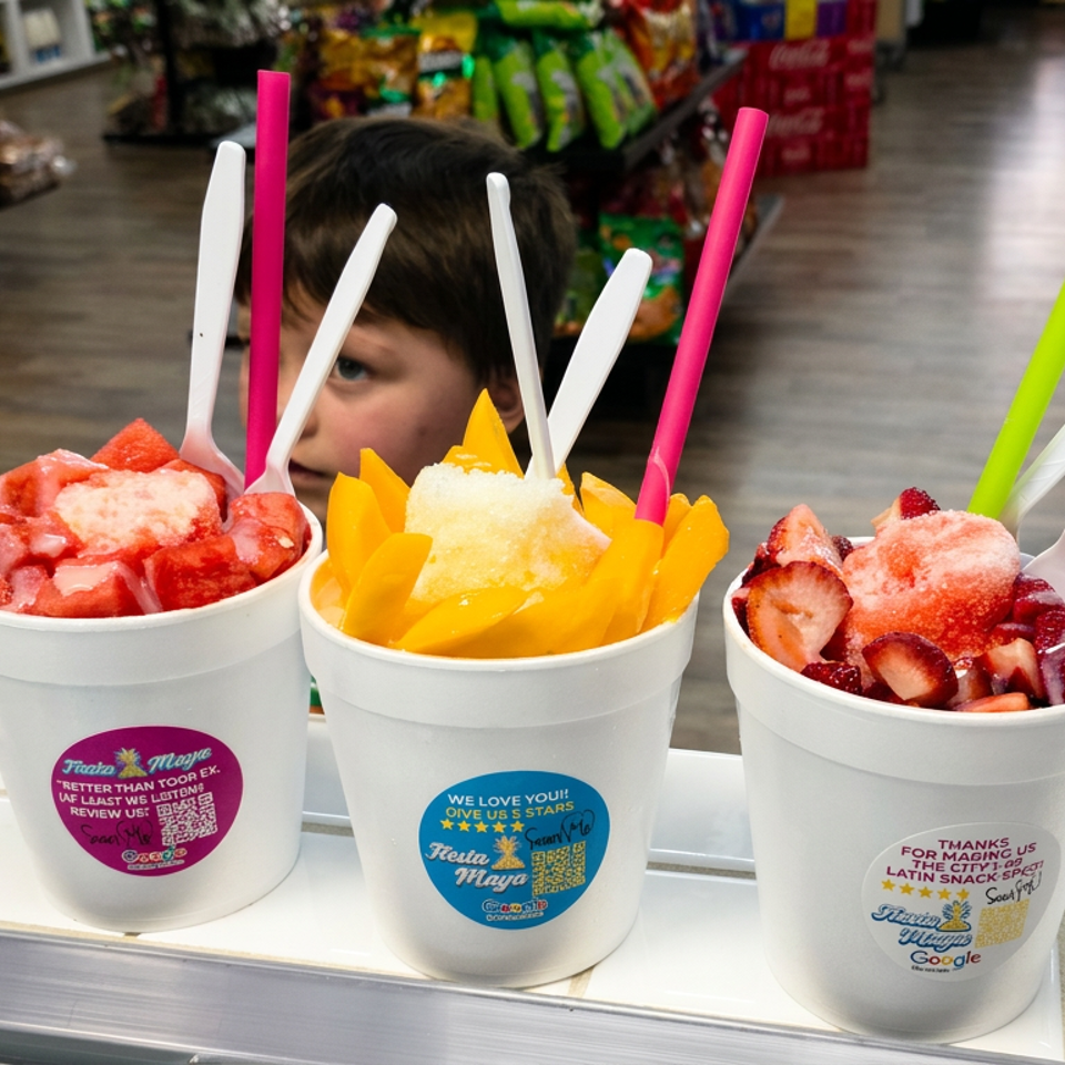 Three cups of colorful shaved ice topped with sliced fruit and spoons sit on a counter, with a child visible behind them.