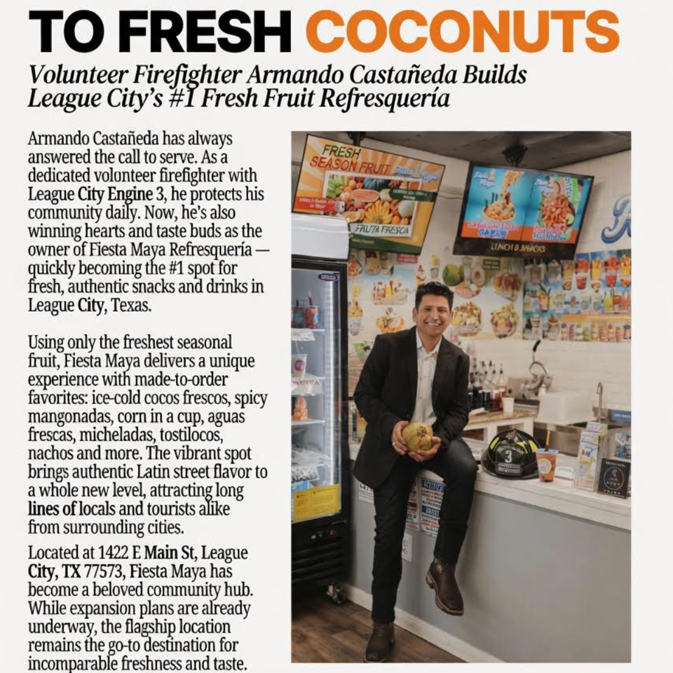 Entrepreneur spotlight featuring Fiesta Maya owner Armando Castañeda holding a coconut inside the League City refresquería.