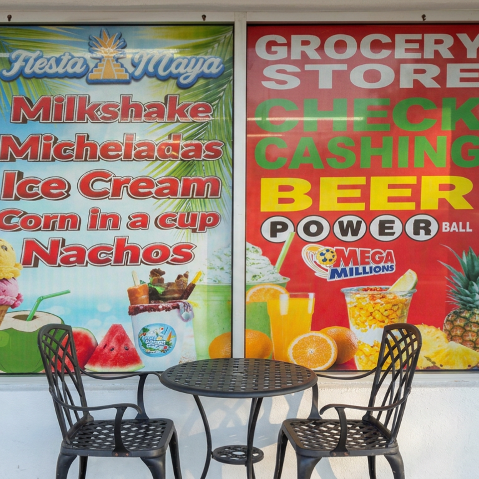Outdoor café table and chairs beside colorful Fiesta Maya grocery store window posters advertising snacks, drinks, beer, and lottery games.